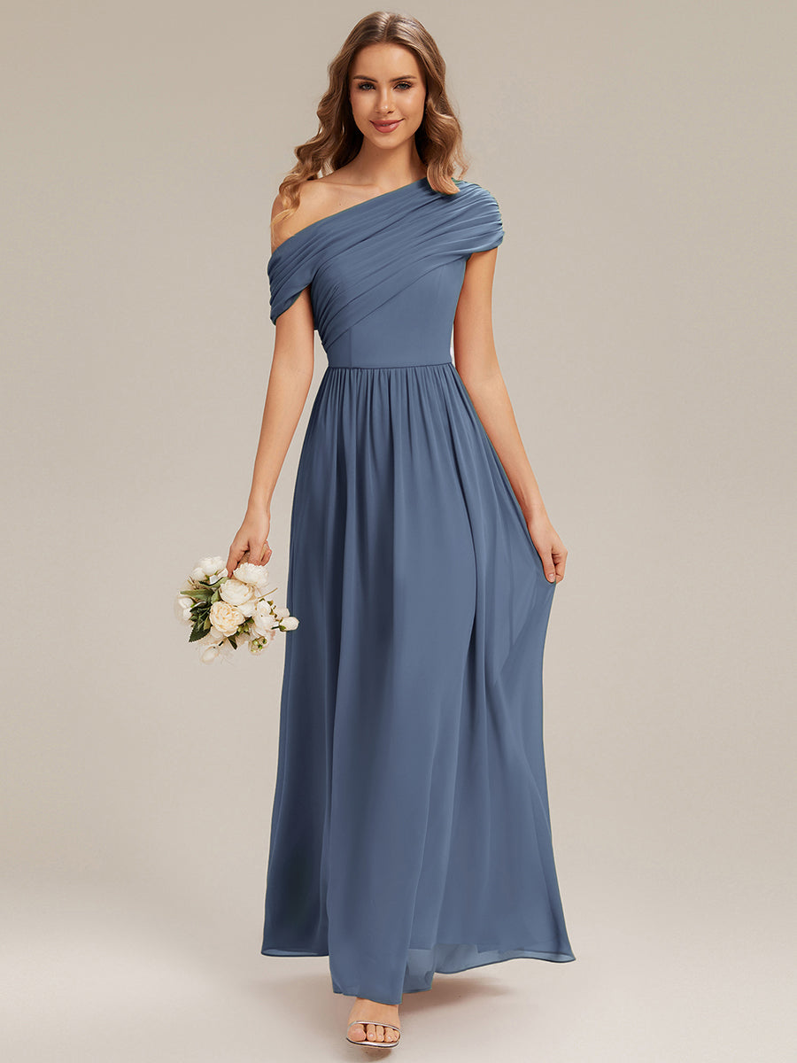 Gathered Chiffon Off the Shoulder Bridesmaid Dress #color_Dusty Blue