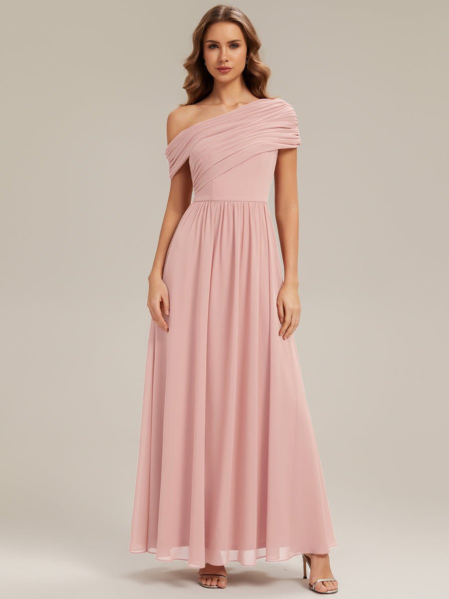 Gathered Chiffon Off the Shoulder Bridesmaid Dress #color_Pink