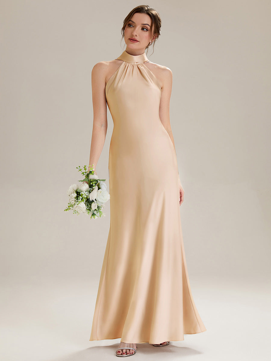 Flowing Ribbons Satin Sleeveless Bridesmaid Dress #color_Champagne