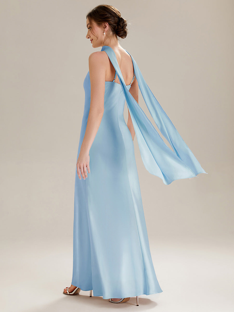 Flowing Ribbons Satin Sleeveless Bridesmaid Dress #color_Ice Blue