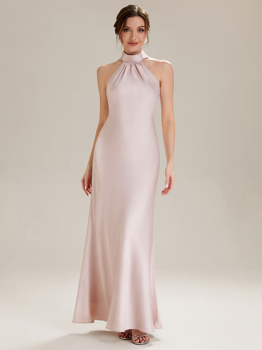 Flowing Ribbons Satin Sleeveless Bridesmaid Dress #color_Pink