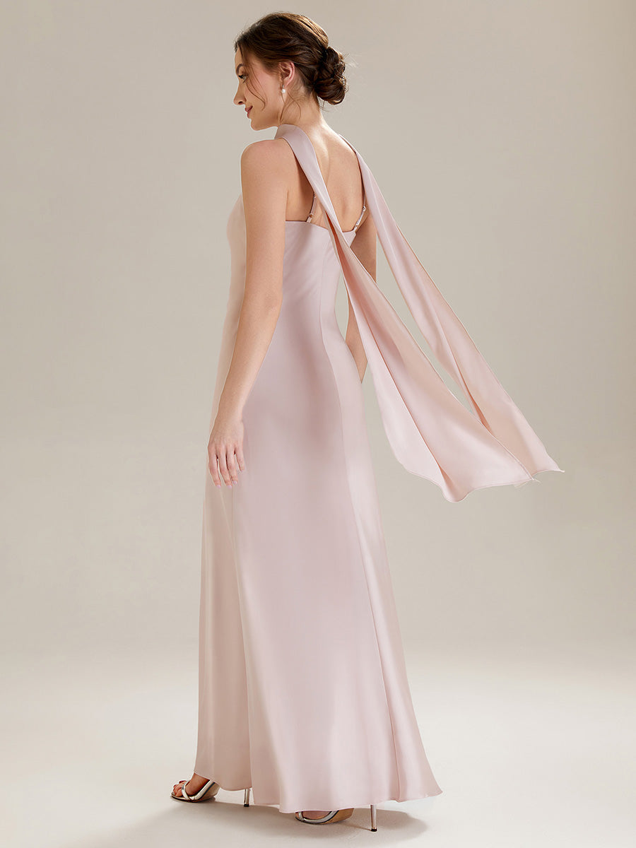 Flowing Ribbons Satin Sleeveless Bridesmaid Dress #color_Pink