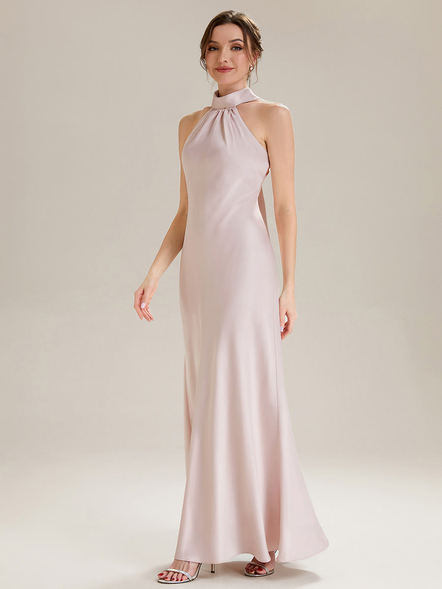 Flowing Ribbons Satin Sleeveless Bridesmaid Dress #color_Pink