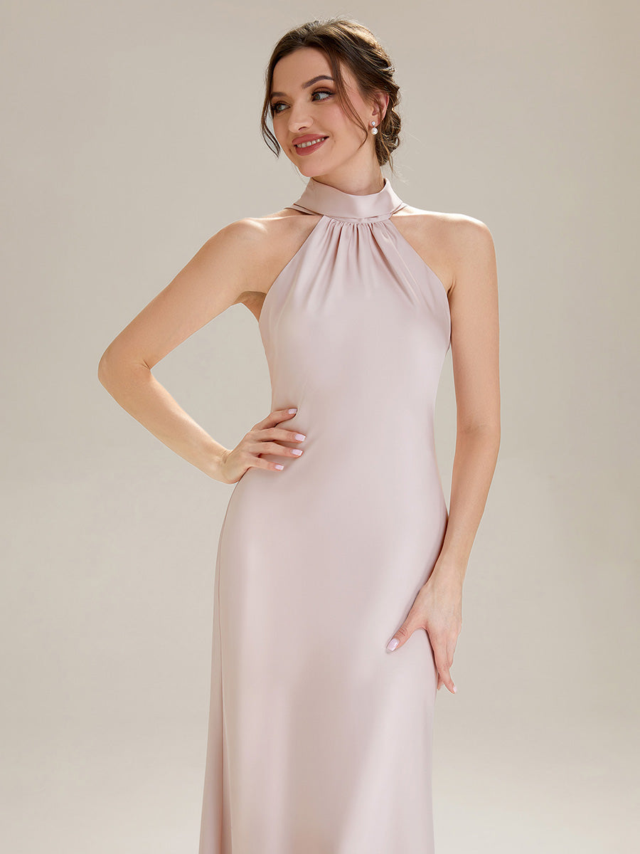 Flowing Ribbons Satin Sleeveless Bridesmaid Dress #color_Pink