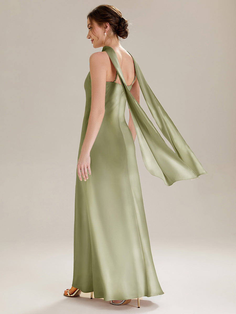 Flowing Ribbons Satin Sleeveless Bridesmaid Dress #color_Sage Green