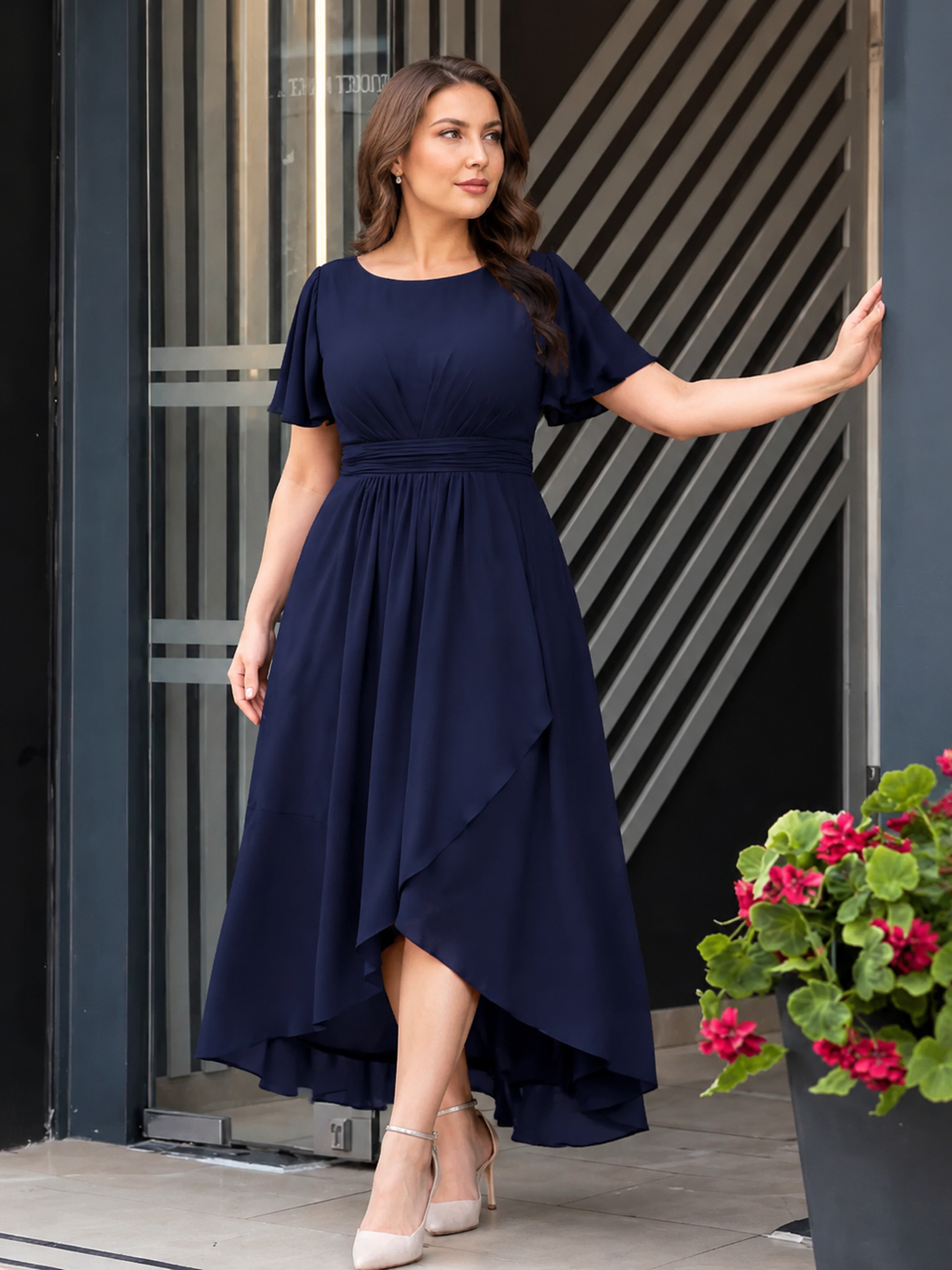 Plus Size High-Low Chiffon Wedding Guest Dress #color_Navy Blue