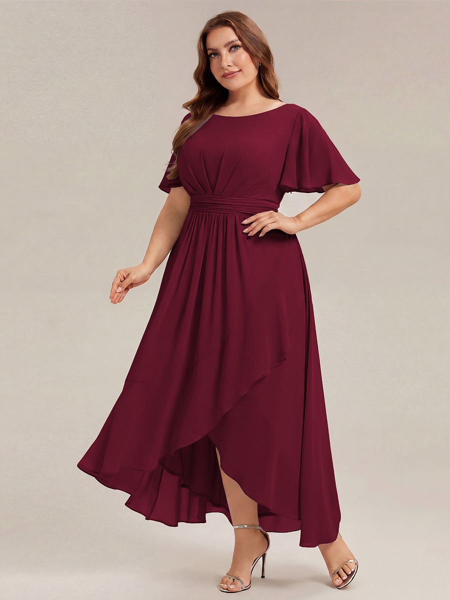 Plus Size High-Low Chiffon Wedding Guest Dress #color_Burgundy