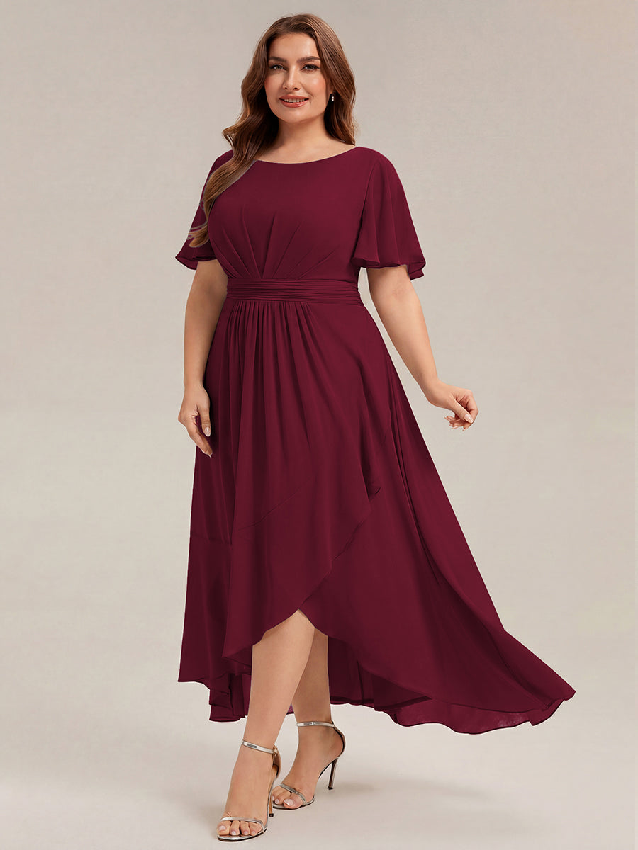 Plus Size High-Low Chiffon Wedding Guest Dress #color_Burgundy