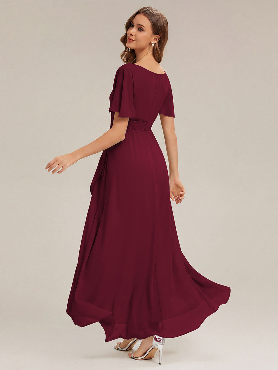 Chiffon Ruffle Short Sleeve Wedding Guest Dress #color_Burgundy