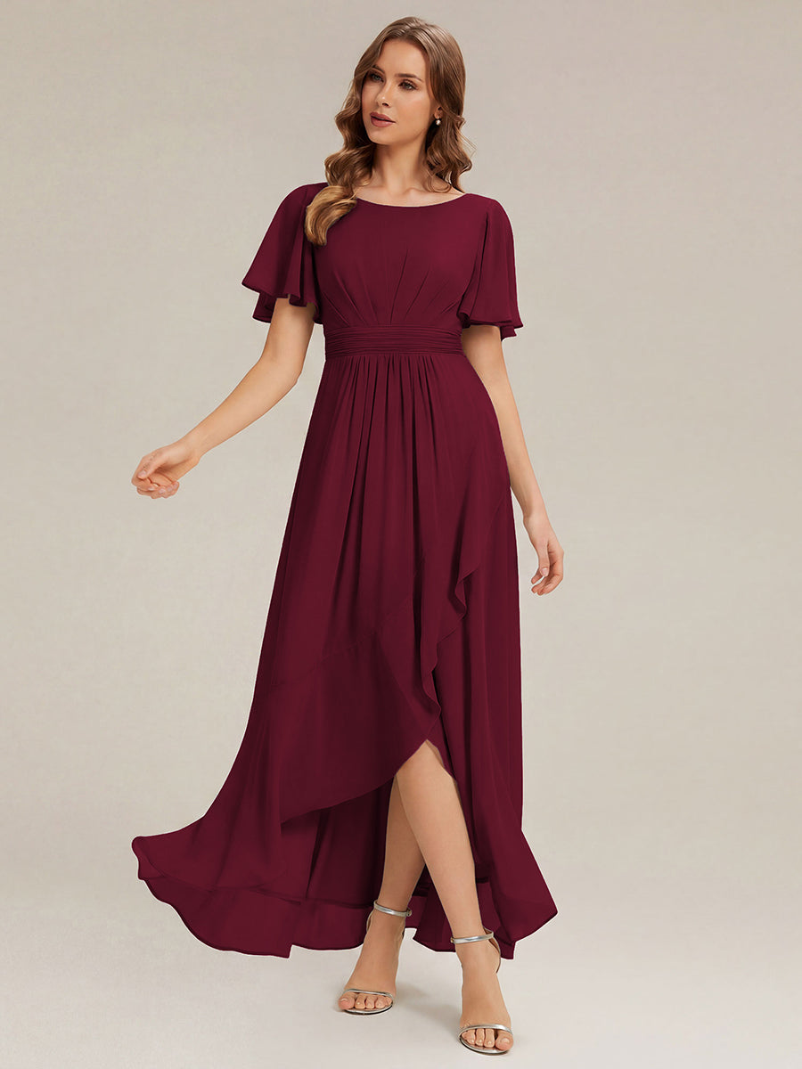 Chiffon Ruffle Short Sleeve Wedding Guest Dress #color_Burgundy