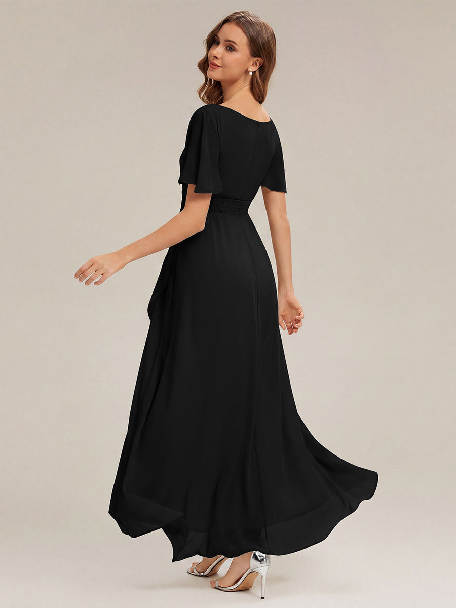 Chiffon Ruffle Short Sleeve Wedding Guest Dress #color_Black