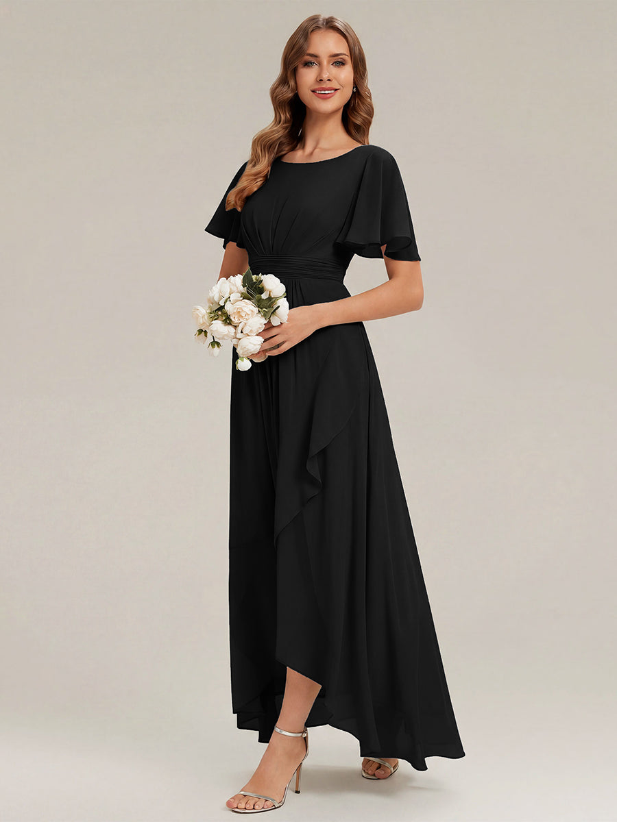 Chiffon Ruffle Short Sleeve Wedding Guest Dress #color_Black