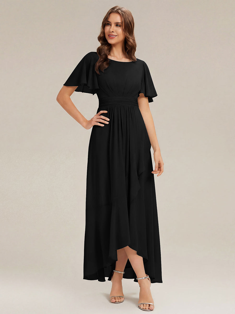 Chiffon Ruffle Short Sleeve Wedding Guest Dress #color_Black