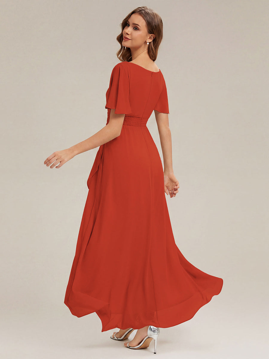 Chiffon Ruffle Short Sleeve Wedding Guest Dress #color_Burnt Orange