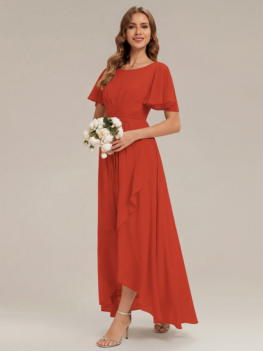Chiffon Ruffle Short Sleeve Wedding Guest Dress #color_Burnt Orange