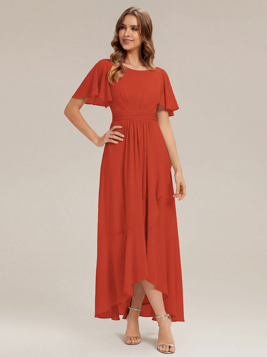 Chiffon Ruffle Short Sleeve Wedding Guest Dress #color_Burnt Orange