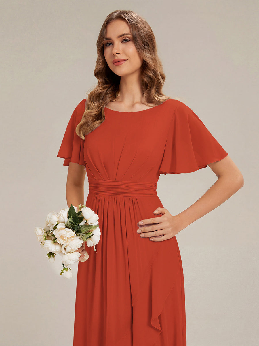 Chiffon Ruffle Short Sleeve Wedding Guest Dress #color_Burnt Orange