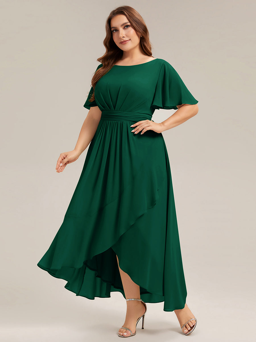 Chiffon Ruffle Short Sleeve Wedding Guest Dress #color_Dark Green