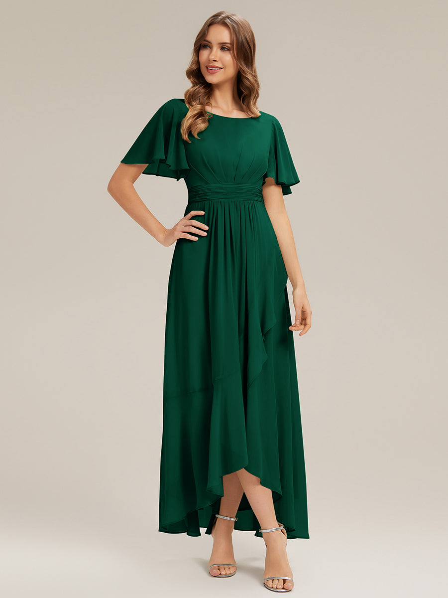 Chiffon Ruffle Short Sleeve Wedding Guest Dress #color_Dark Green
