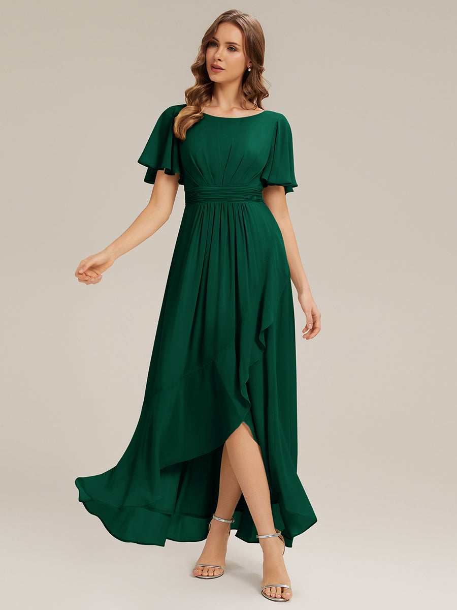 Chiffon Ruffle Short Sleeve Wedding Guest Dress #color_Dark Green