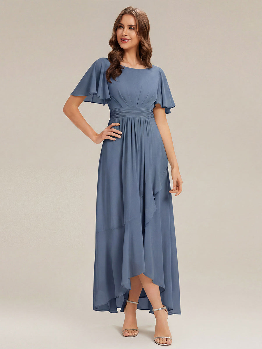 Chiffon Ruffle Short Sleeve Wedding Guest Dress #color_Dusty Blue