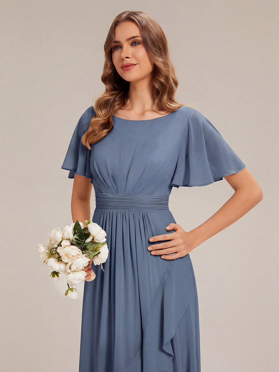 Chiffon Ruffle Short Sleeve Wedding Guest Dress #color_Dusty Blue