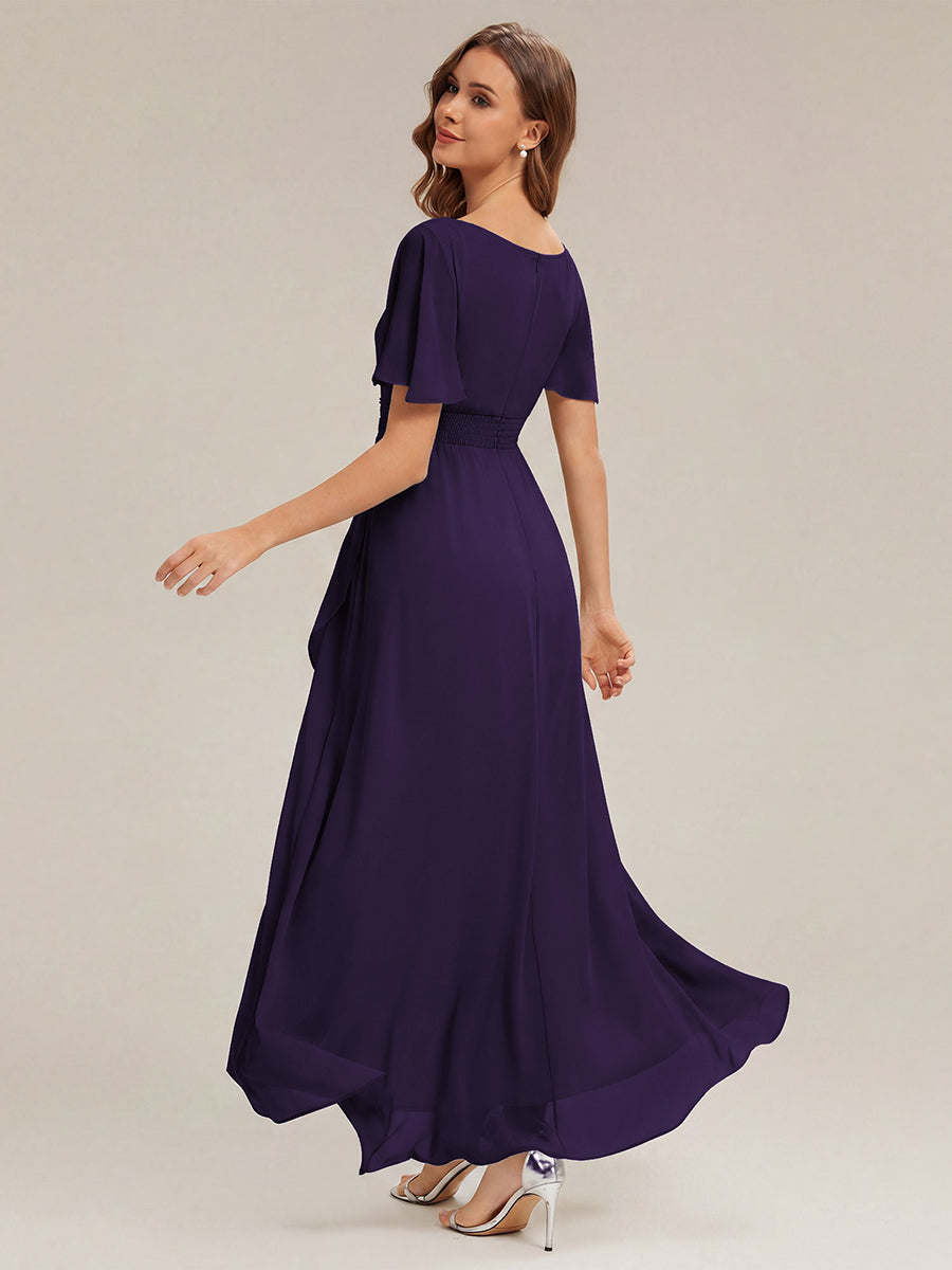Chiffon Ruffle Short Sleeve Wedding Guest Dress #color_Dark Purple