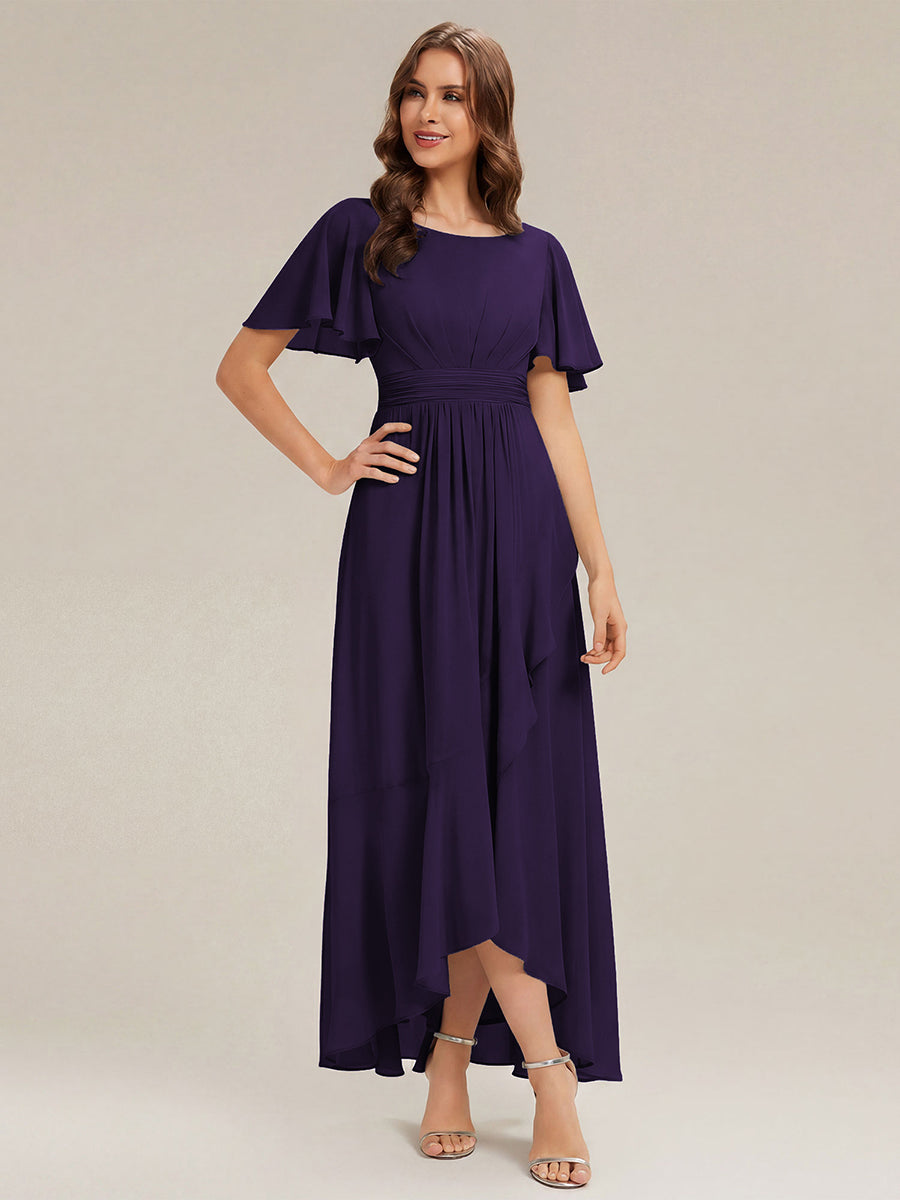 Chiffon Ruffle Short Sleeve Wedding Guest Dress #color_Dark Purple