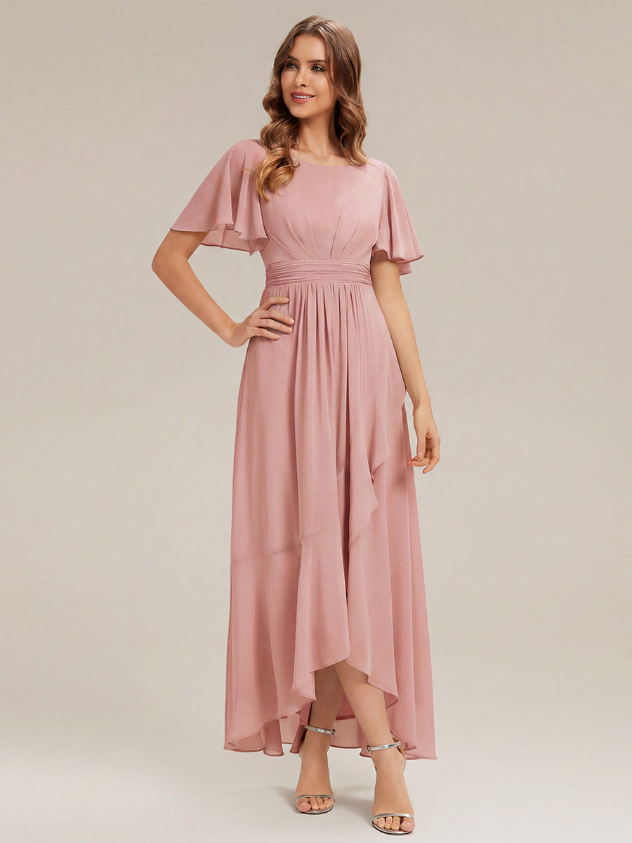 Chiffon Ruffle Short Sleeve Wedding Guest Dress #color_Dusty Rose