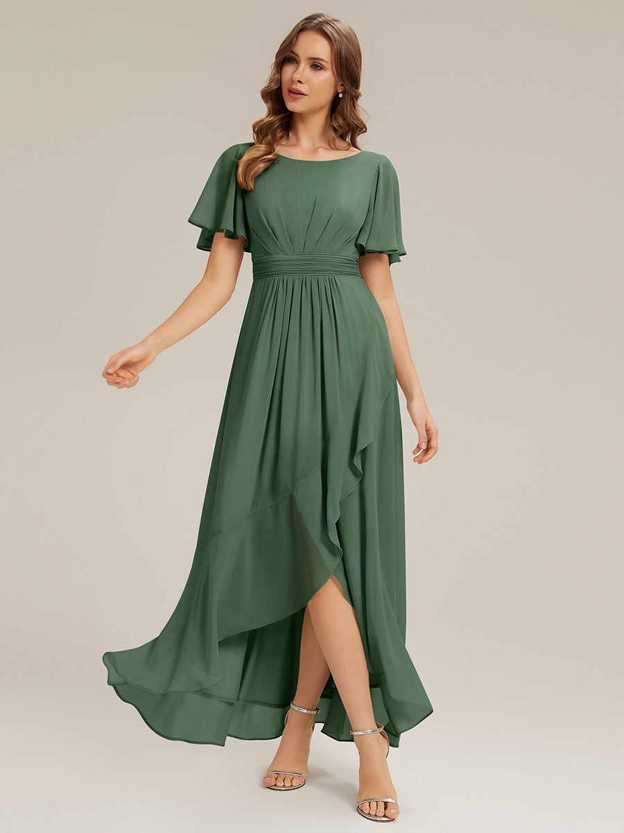Chiffon Ruffle Short Sleeve Wedding Guest Dress #color_Eucalyptus