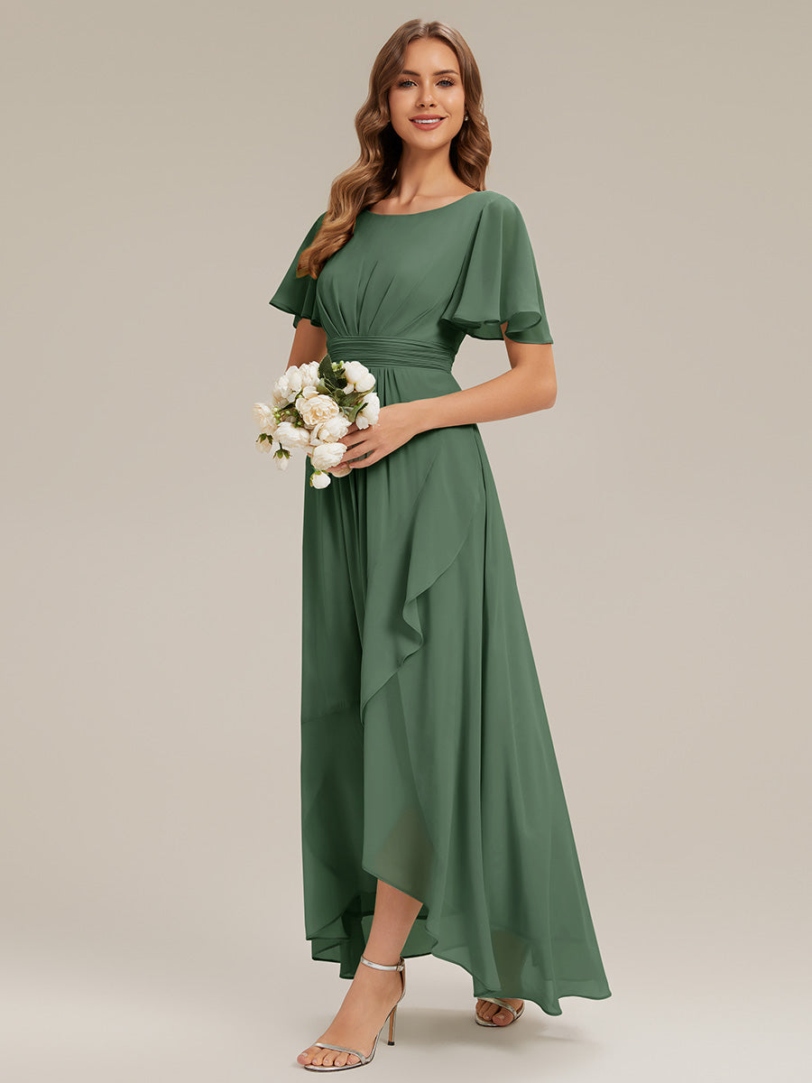 Chiffon Ruffle Short Sleeve Wedding Guest Dress #color_Eucalyptus