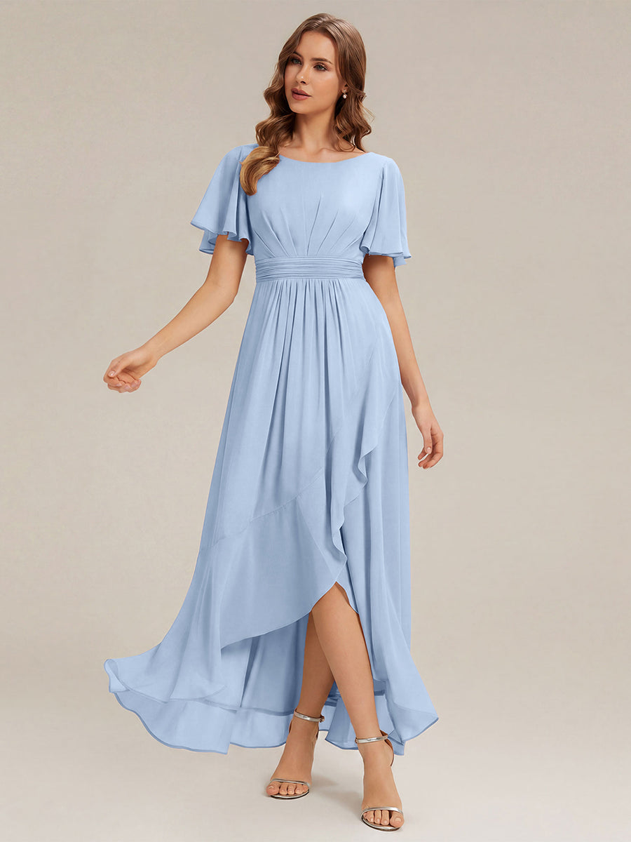 Chiffon Ruffle Short Sleeve Wedding Guest Dress #color_Ice Blue
