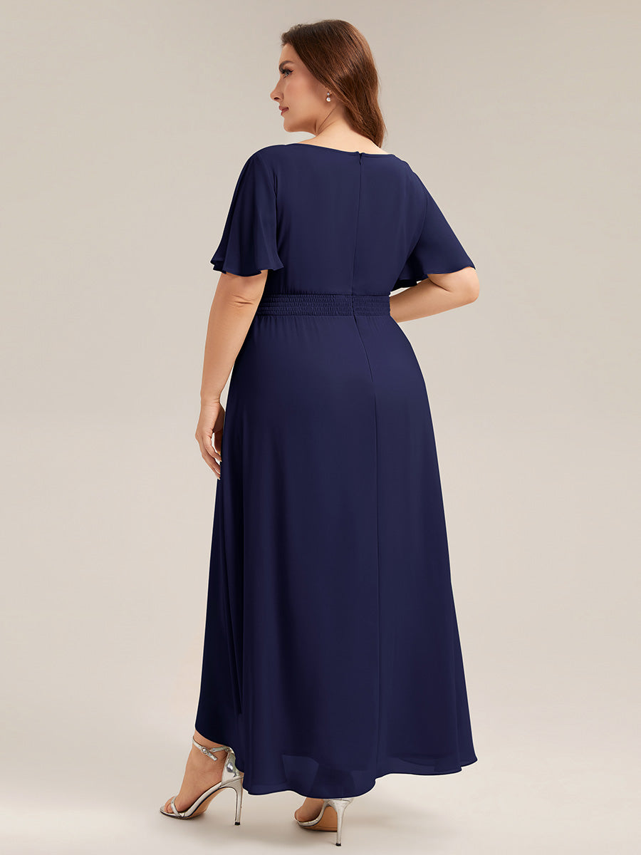 Chiffon Ruffle Short Sleeve Wedding Guest Dress #color_Navy Blue