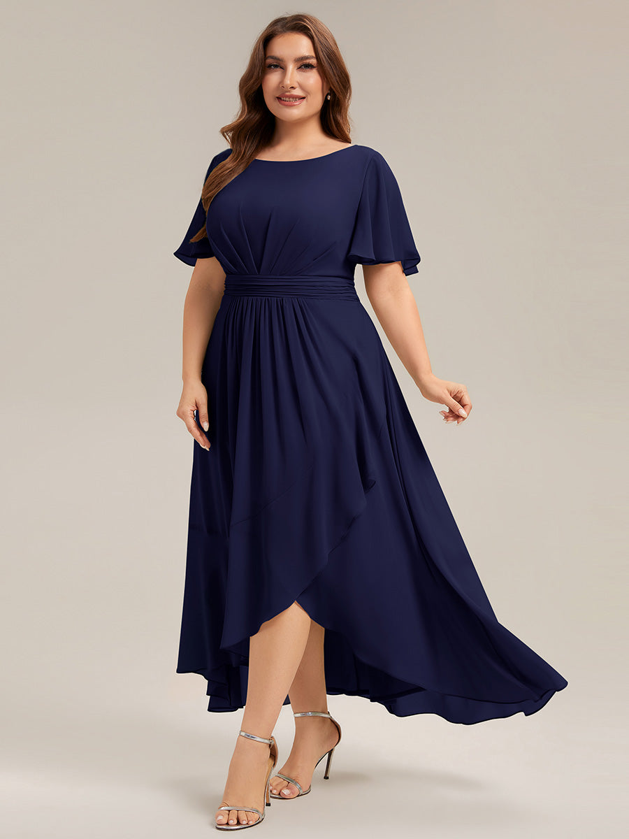 Chiffon Ruffle Short Sleeve Wedding Guest Dress #color_Navy Blue