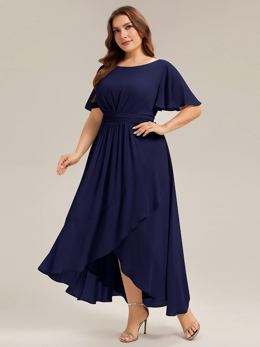 Chiffon Ruffle Short Sleeve Wedding Guest Dress #color_Navy Blue