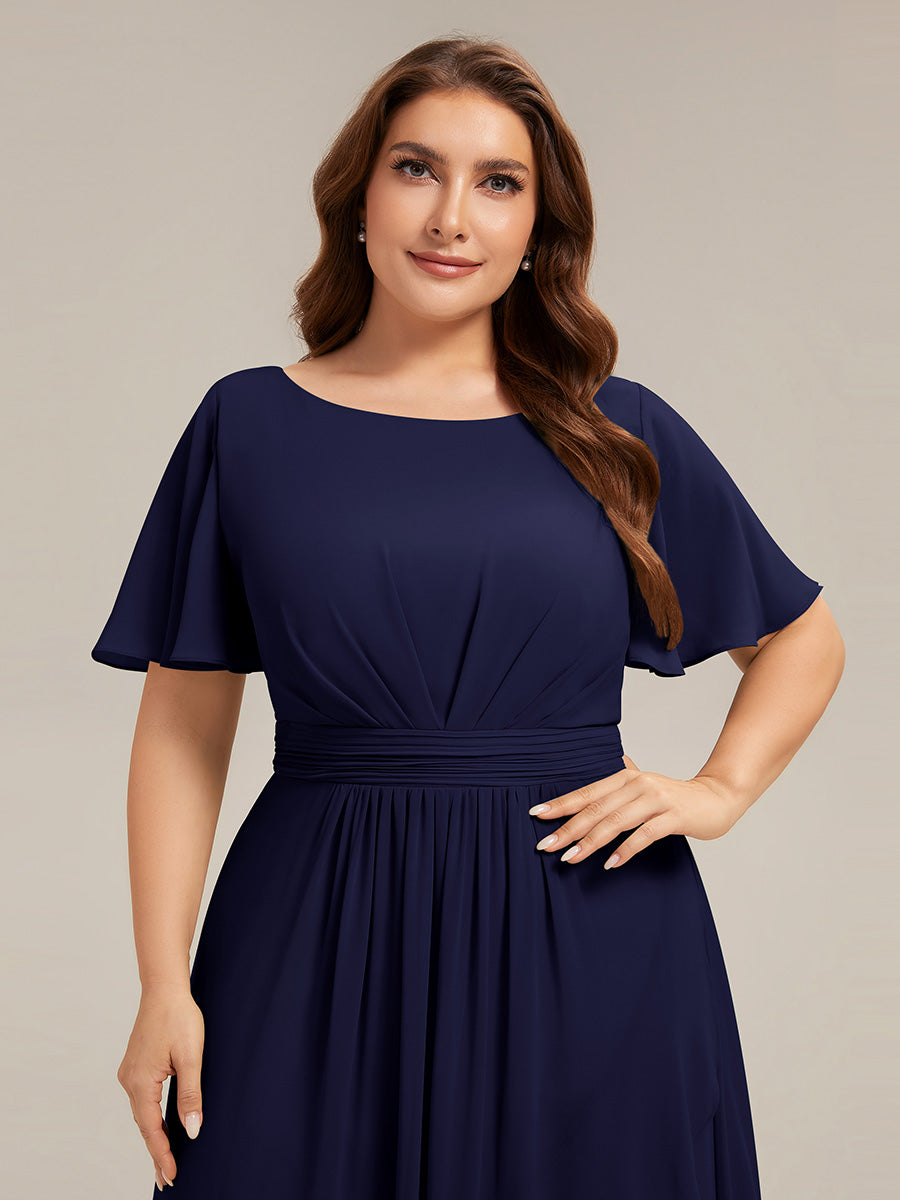Chiffon Ruffle Short Sleeve Wedding Guest Dress #color_Navy Blue