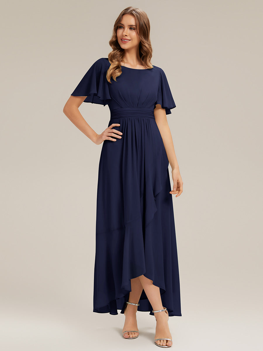 Chiffon Ruffle Short Sleeve Wedding Guest Dress #color_Navy Blue