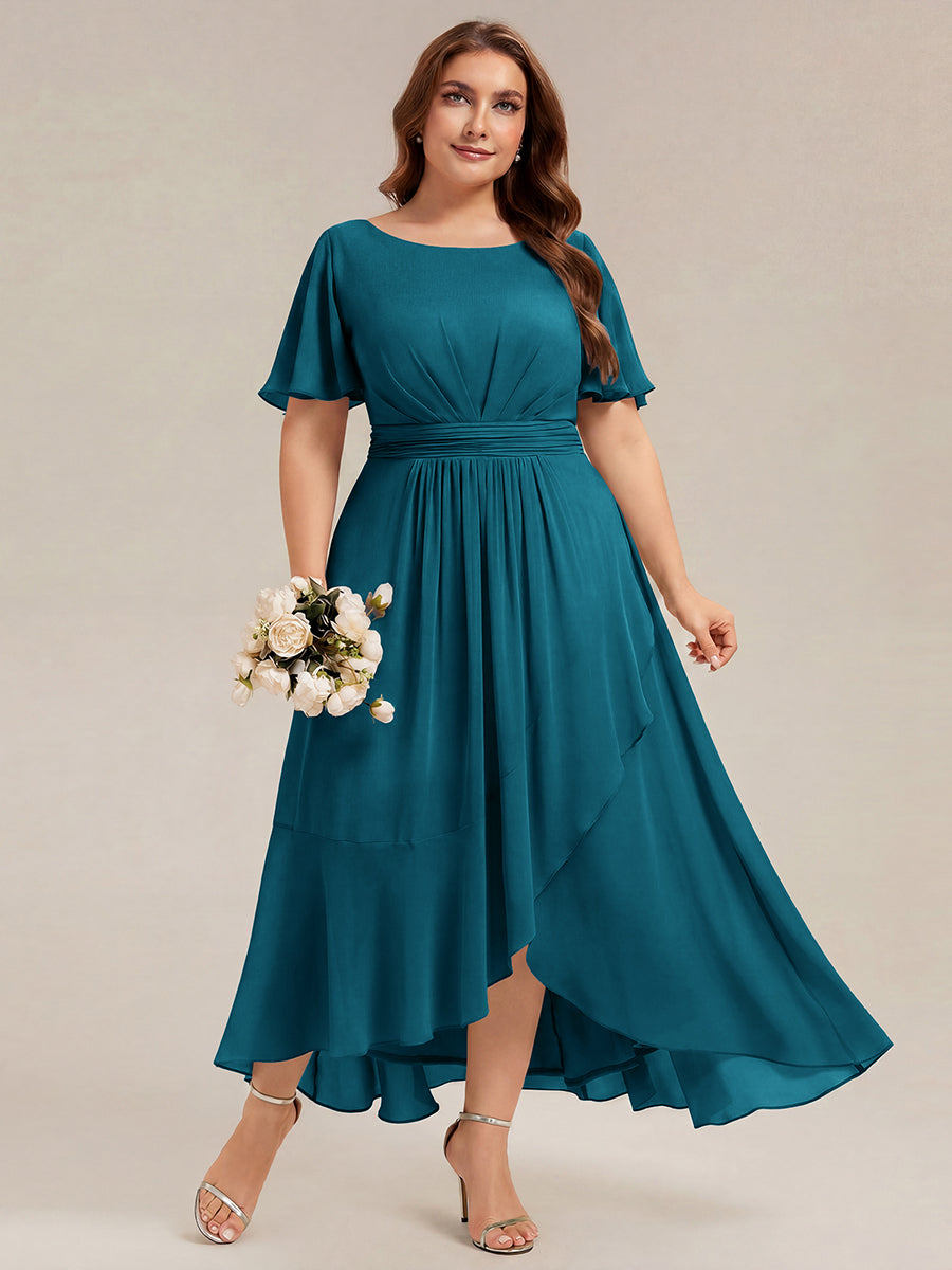 Chiffon Ruffle Short Sleeve Wedding Guest Dress #color_Teal Blue