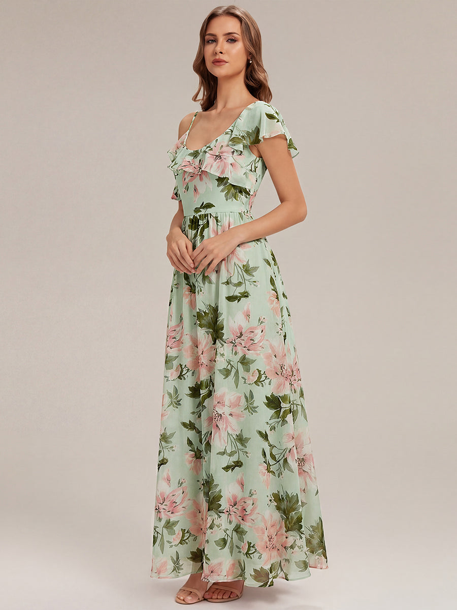 Cold Shoulder Chiffon Ruffle Sleeve Bridesmaid Dress #color_Light Green Floral