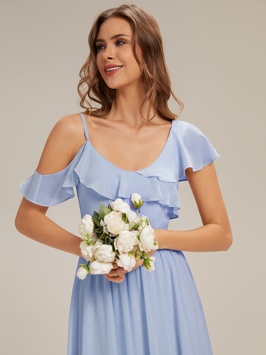 Cold Shoulder Chiffon Ruffle Sleeve Bridesmaid Dress #color_Ice Blue