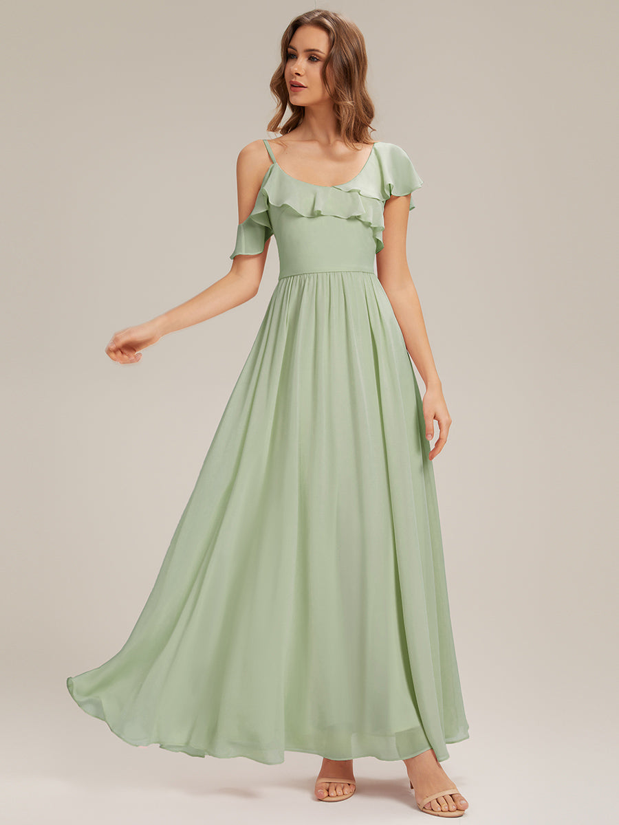 Cold Shoulder Chiffon Ruffle Sleeve Bridesmaid Dress #color_Mint Green