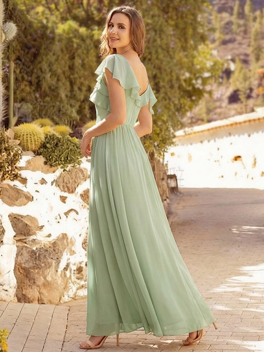 Cold Shoulder Chiffon Ruffle Sleeve Bridesmaid Dress #color_Mint Green