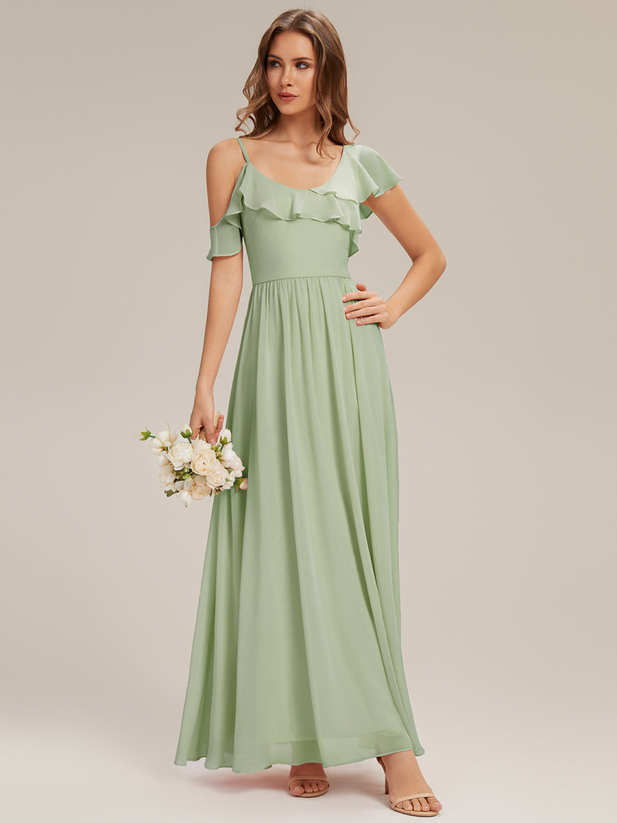 Cold Shoulder Chiffon Ruffle Sleeve Bridesmaid Dress #color_Mint Green
