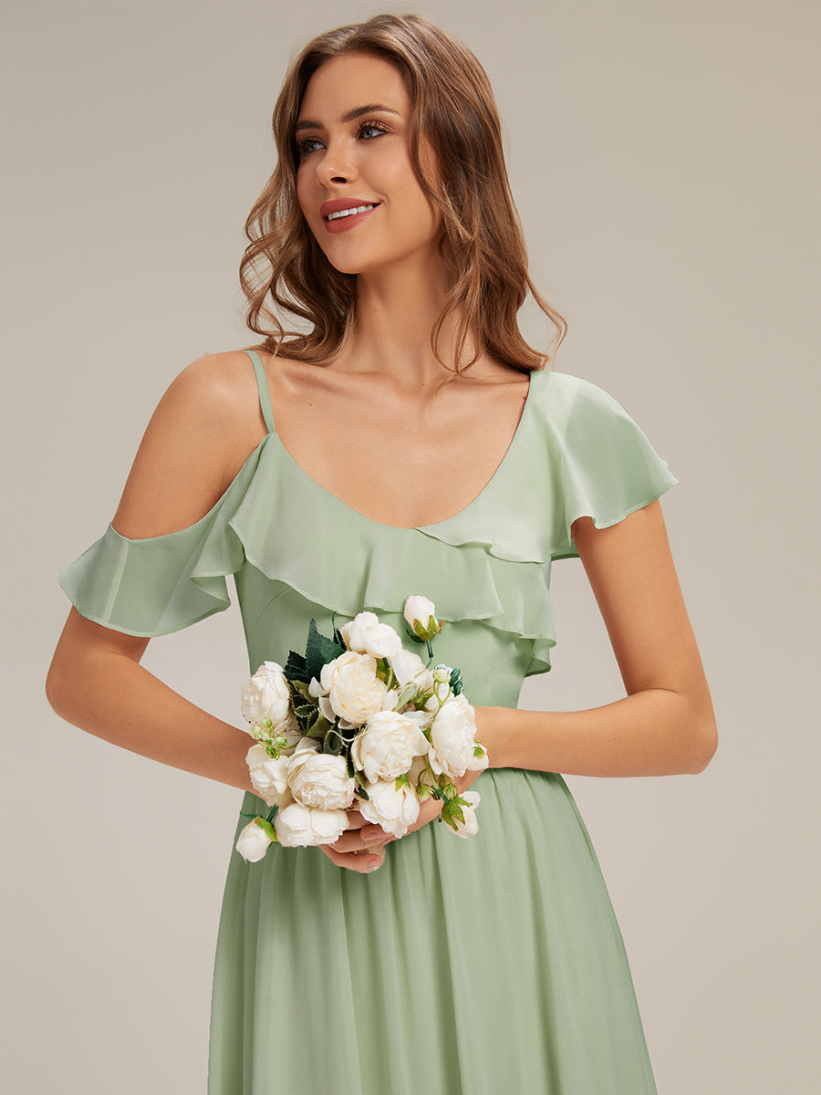 Cold Shoulder Chiffon Ruffle Sleeve Bridesmaid Dress #color_Mint Green
