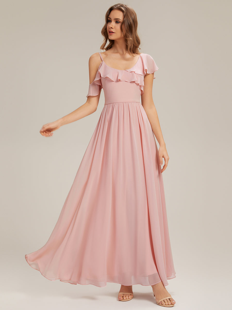 Cold Shoulder Chiffon Ruffle Sleeve Bridesmaid Dress #color_Pink