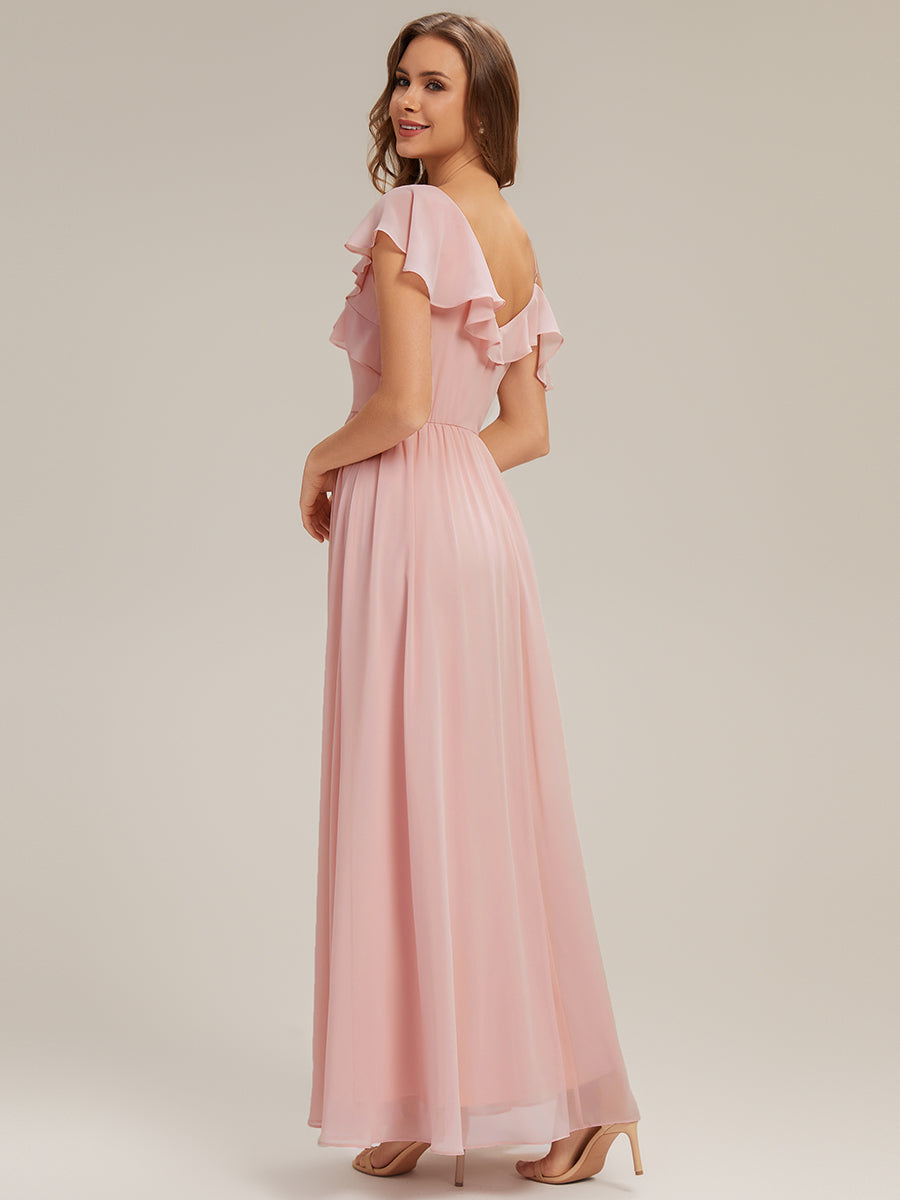 Cold Shoulder Chiffon Ruffle Sleeve Bridesmaid Dress #color_Pink