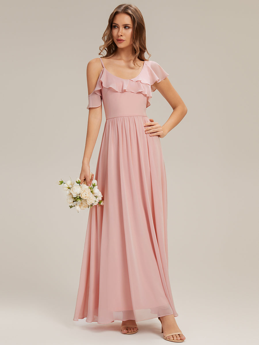 Cold Shoulder Chiffon Ruffle Sleeve Bridesmaid Dress #color_Pink