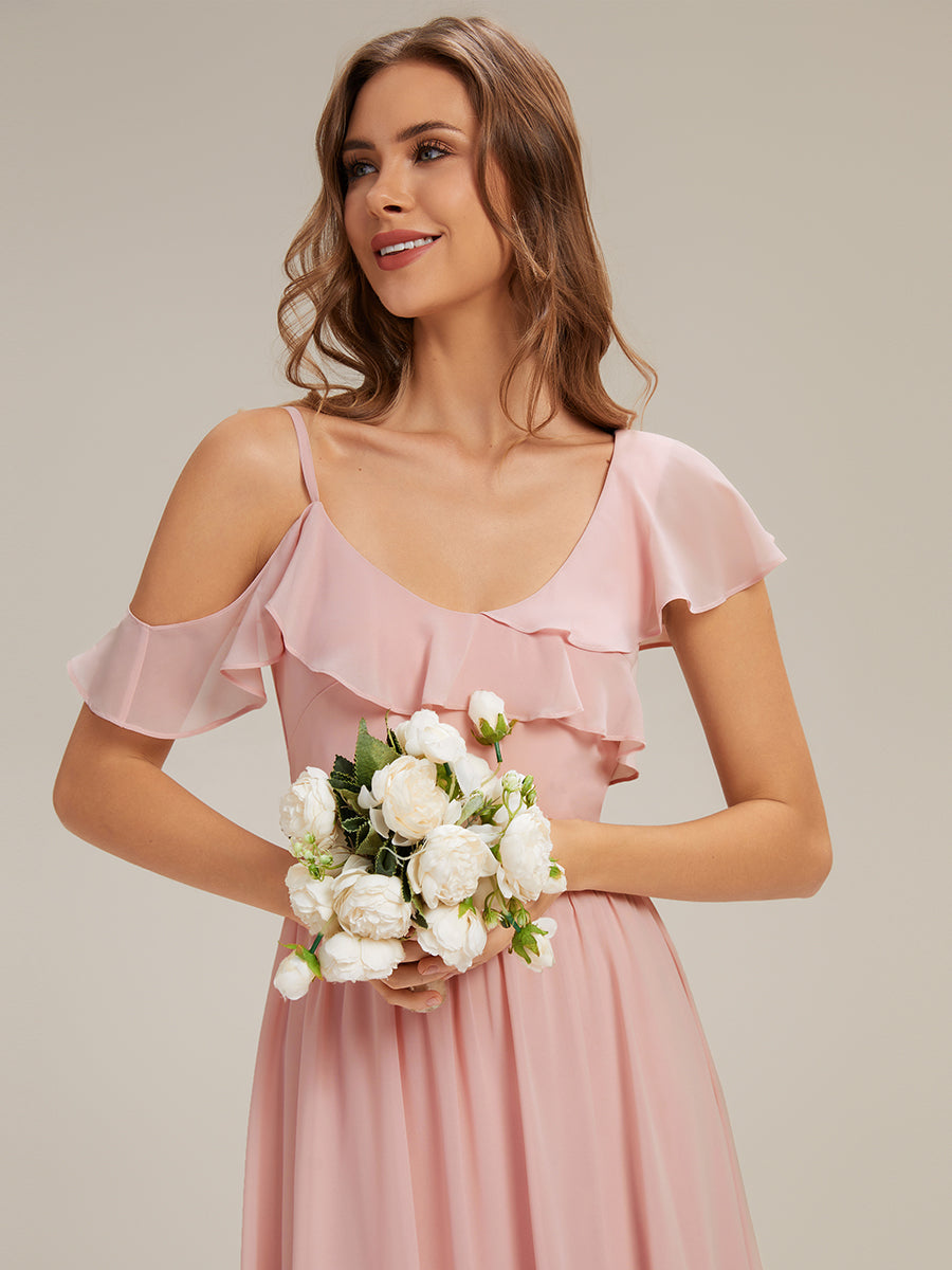 Cold Shoulder Chiffon Ruffle Sleeve Bridesmaid Dress #color_Pink