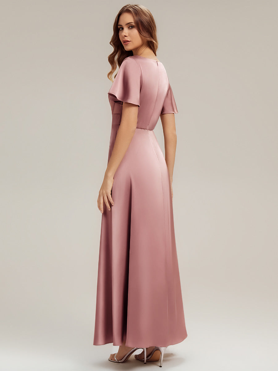 Gathered Satin Ruffle Sleeve Bridesmaid Dress #color_Purple Orchid