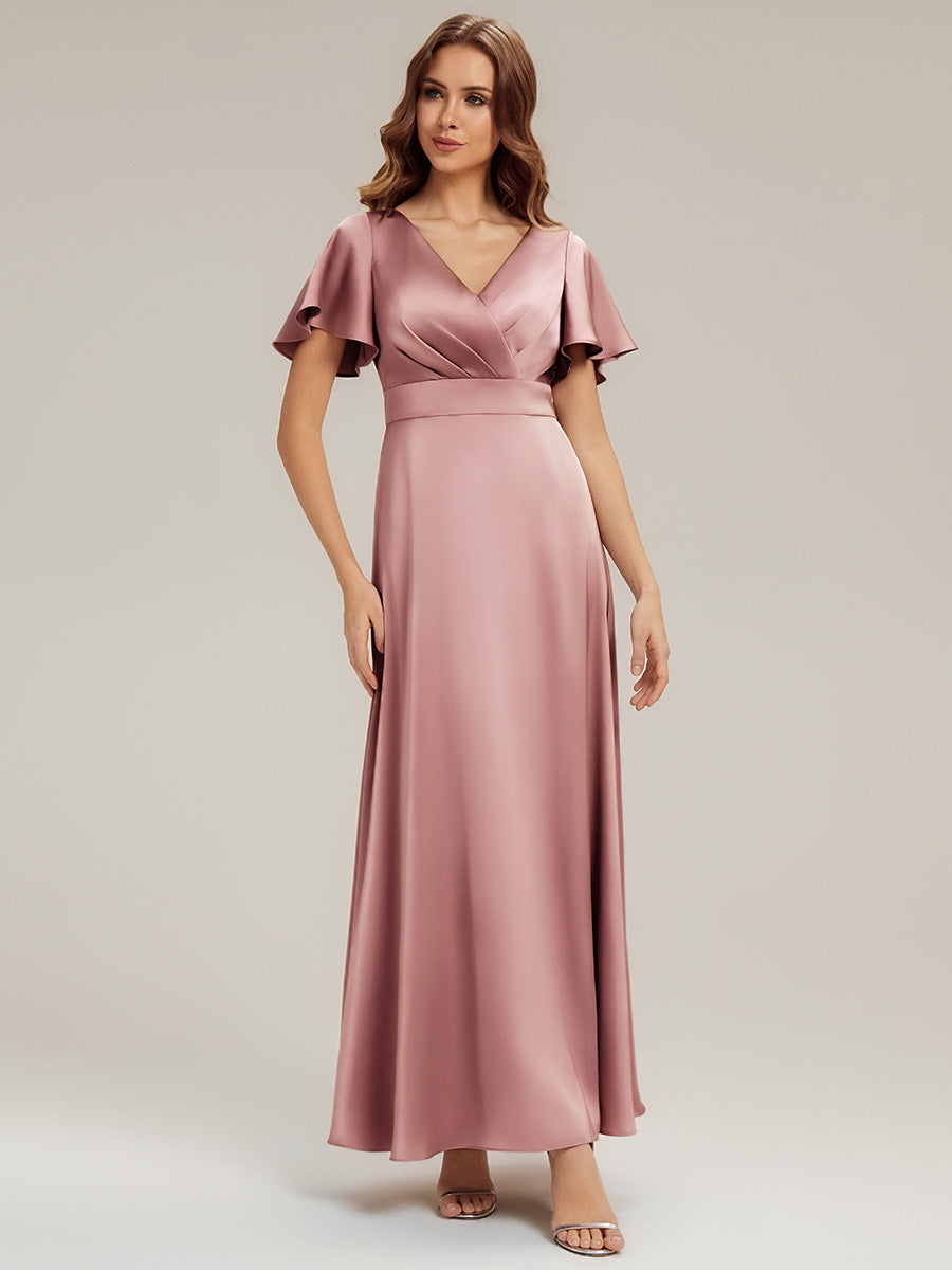 Gathered Satin Ruffle Sleeve Bridesmaid Dress #color_Purple Orchid